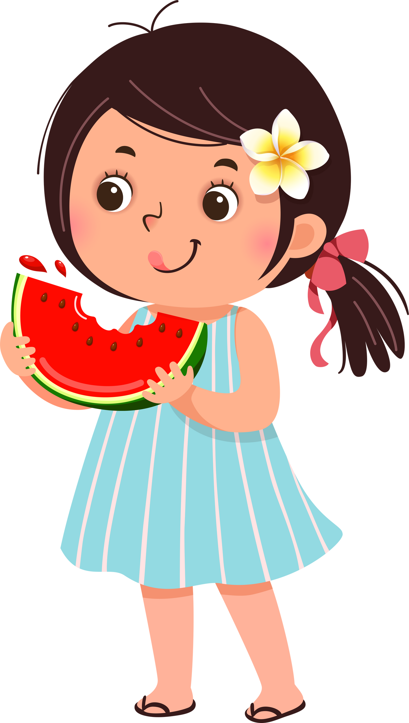Cartoon little girl eating watermelon in hot sunny day
